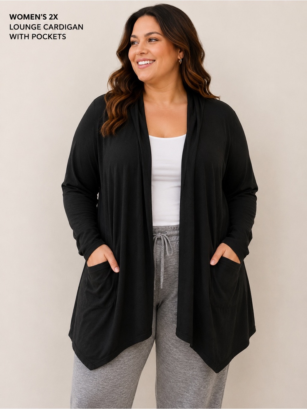 Black Lightweight Open Front Hooded Cardigan 2X with pockets & hood